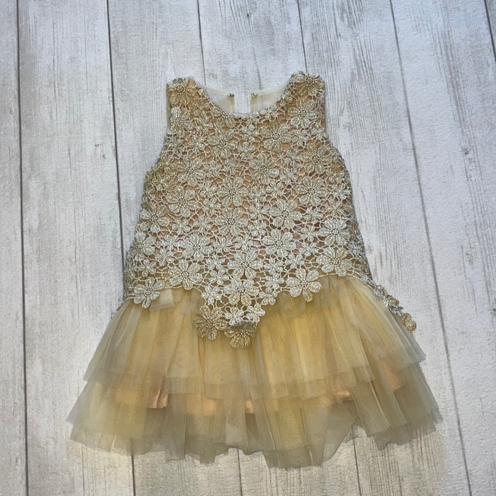 Trish Scully Gold Lace Dress, Size 3